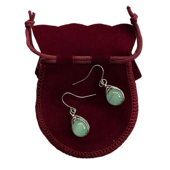 Seafoam Glass Orb Drop Earrings, Minimalist Wire Wrap with Keepsake Pouch - Picture 1 of 7